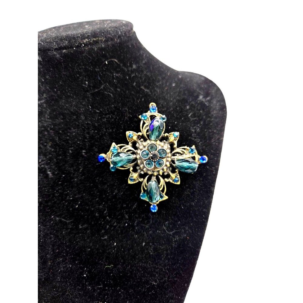 Ali Khan New York signed Blue Rhinestone and bead 2 inch floral Brooch